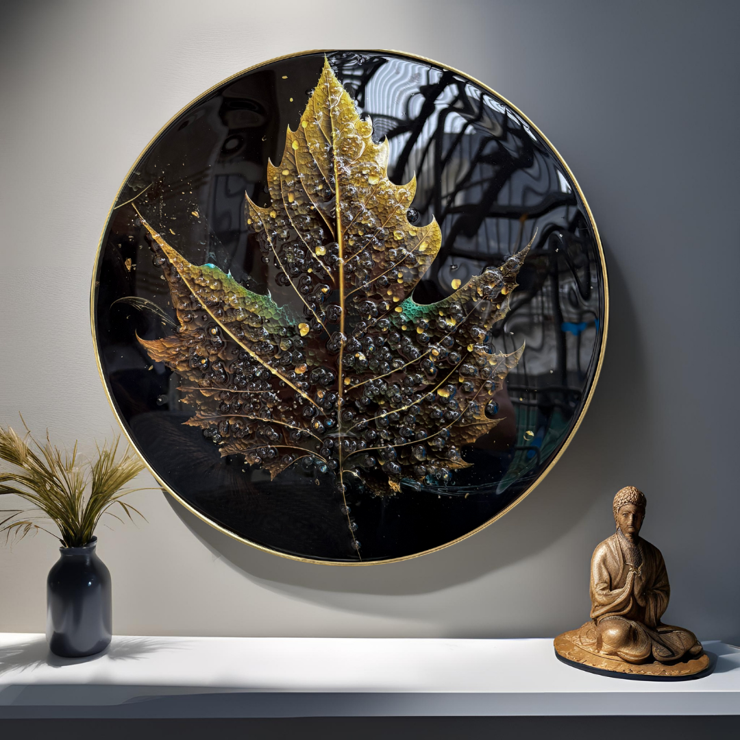 Round maple leaf resin wall art